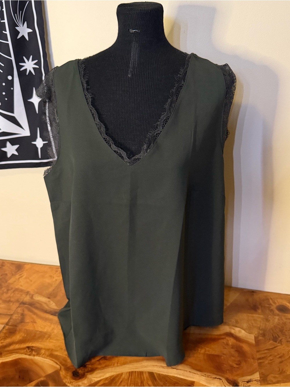 Green  XL V Neck Tank Top Lace Trim Whimsigoth Corporate Goth